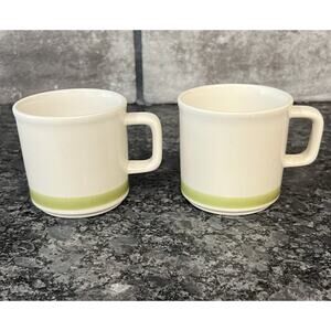2 Vintage Stonybrook Spring Collection Flat Cups Mugs Japan Green Band Stoneware